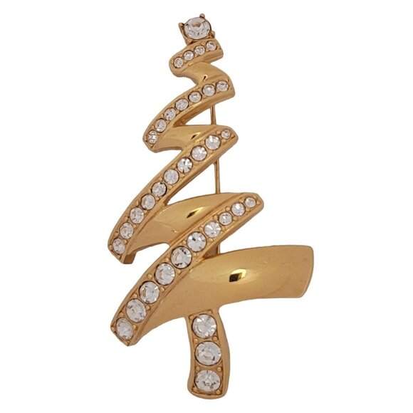 Monet Gold Tone Clear Rhinestone Zig Zag Christmas Tree Pin Brooch, Signed M1015 - Picture 1 of 6